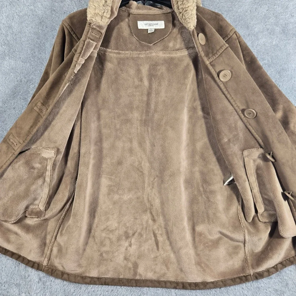 Liz Claiborne Brown Faux Suede Hooded Jacket Faux Fur Trim Coat Womens Large